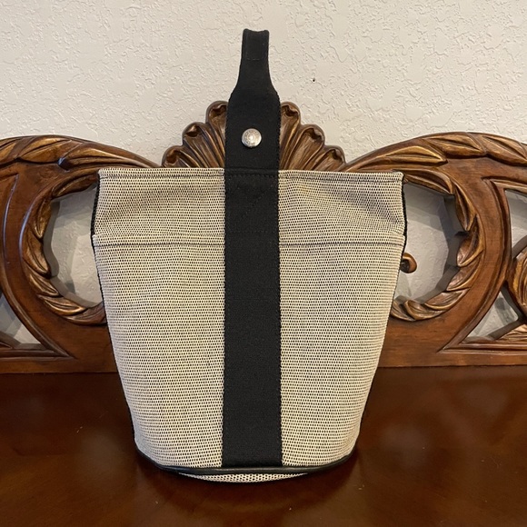 Hermès Canvas Toile Saxo Carry Sack Bag Grey Black Tote - Picture 3 of 14